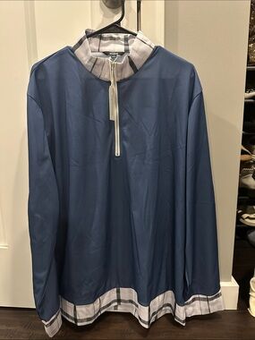 Blue Long-Sleeve Pullover with Plaid Trim